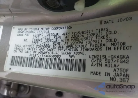 2004 Toyota 4Runner Sr5 V8 из США, поврежденный, VIN JTEBT14RX40030980